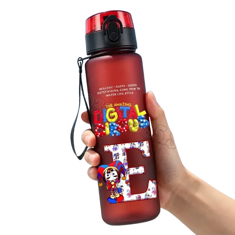 Translucent red digital circus water bottle with straw 650ml black lid carrying strap and colorful cartoon graphics