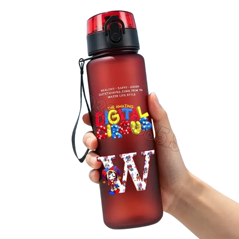 A translucent red digital circus water bottle with black lid, carrying strap, 650ml capacity, and straw feature