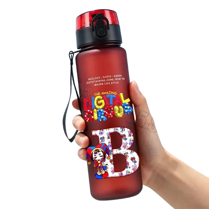 Red translucent digital circus water bottle with straw 650ml featuring black lid and cartoon character decals