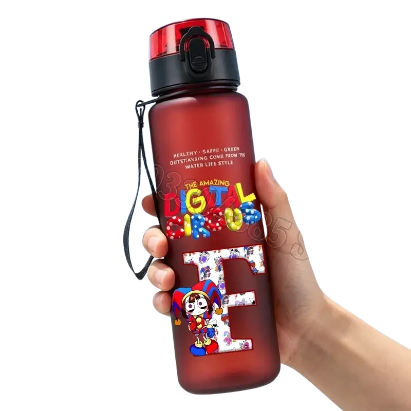 A translucent red digital circus water bottle with a black and red screw-on lid and colorful cartoon lettering