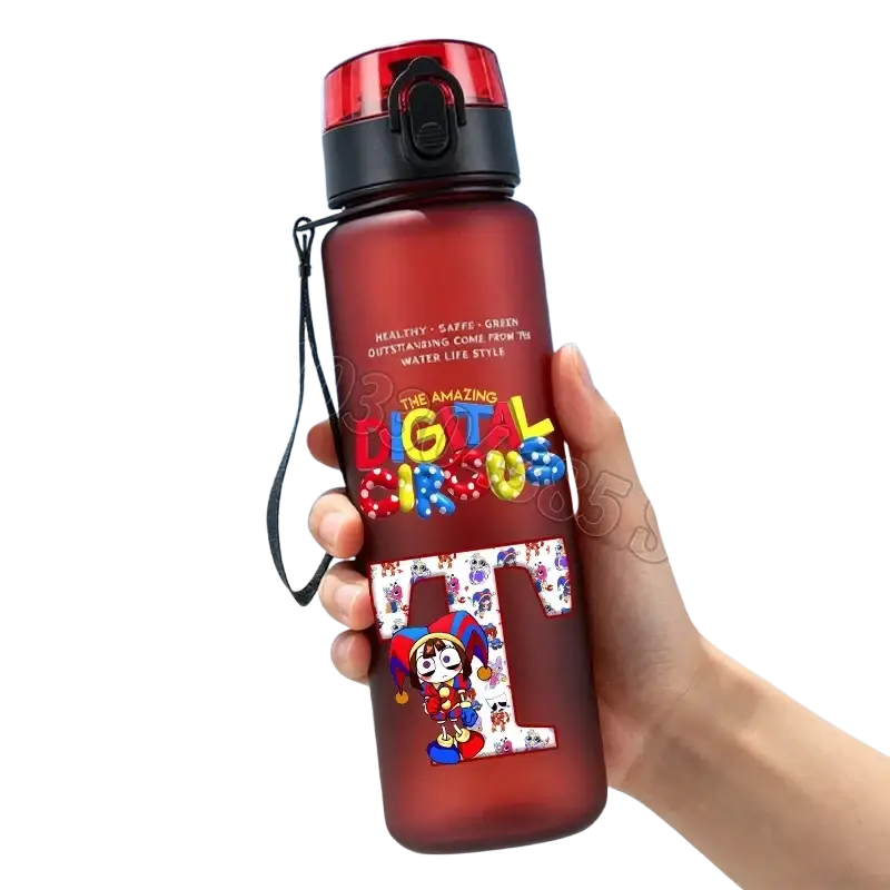 Red translucent digital circus water bottle with black lid, carrying strap, and colorful graphic design, 650ml with straw