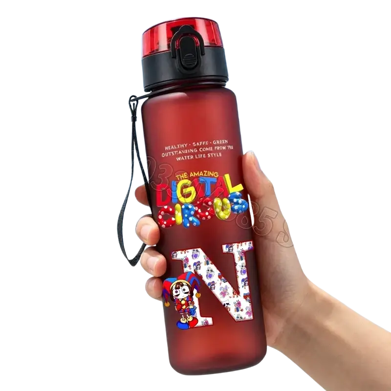 A translucent red digital circus water bottle with a black and red screw-on lid featuring cartoon characters