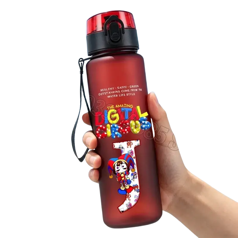 A translucent red digital circus water bottle with straw, black lid, carrying strap, and colorful jester design