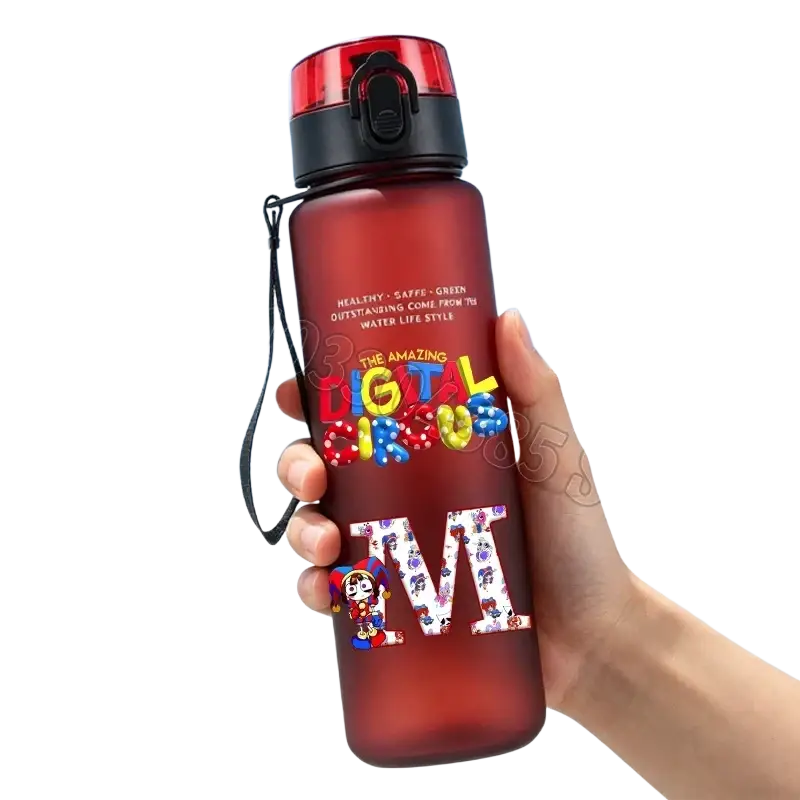 A translucent red 650ml digital circus water bottle with black lid, carrying strap, and colorful cartoon lettering