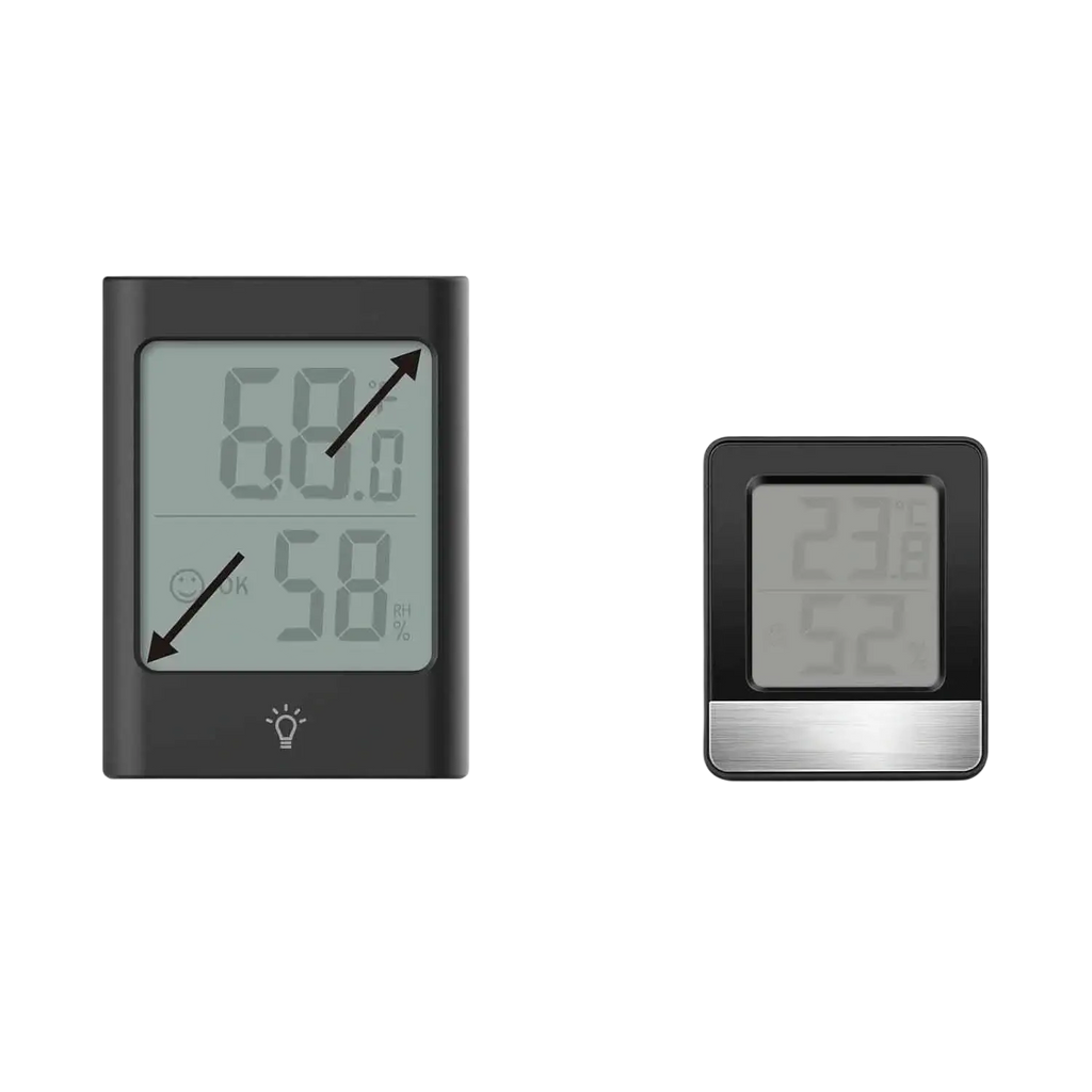 Black digital indoor hygrometer and thermometer with 2.7-inch display showing temperature and humidity readings