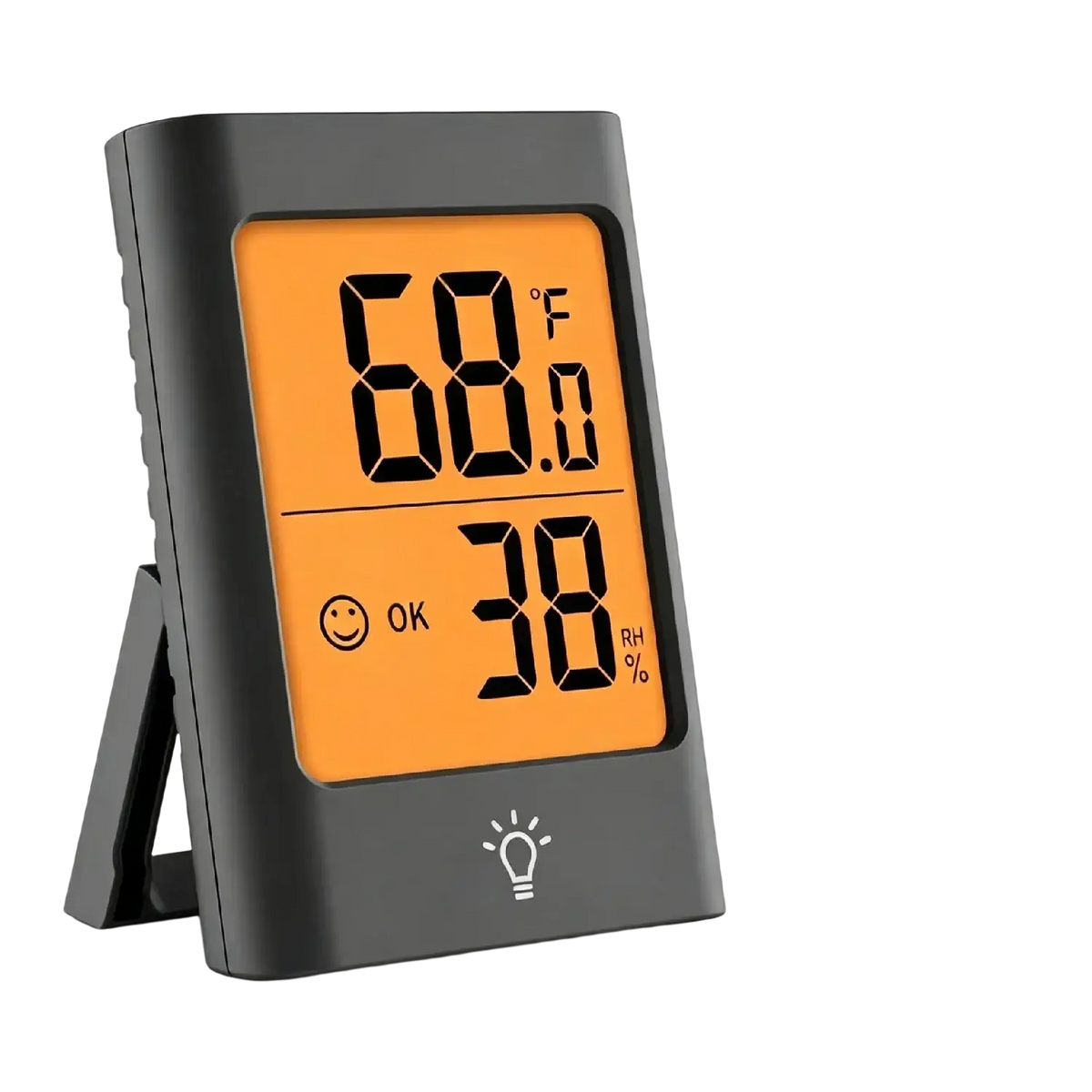 Black digital indoor hygrometer and thermometer with orange display showing 68.0°F 38% rh and smiley face status