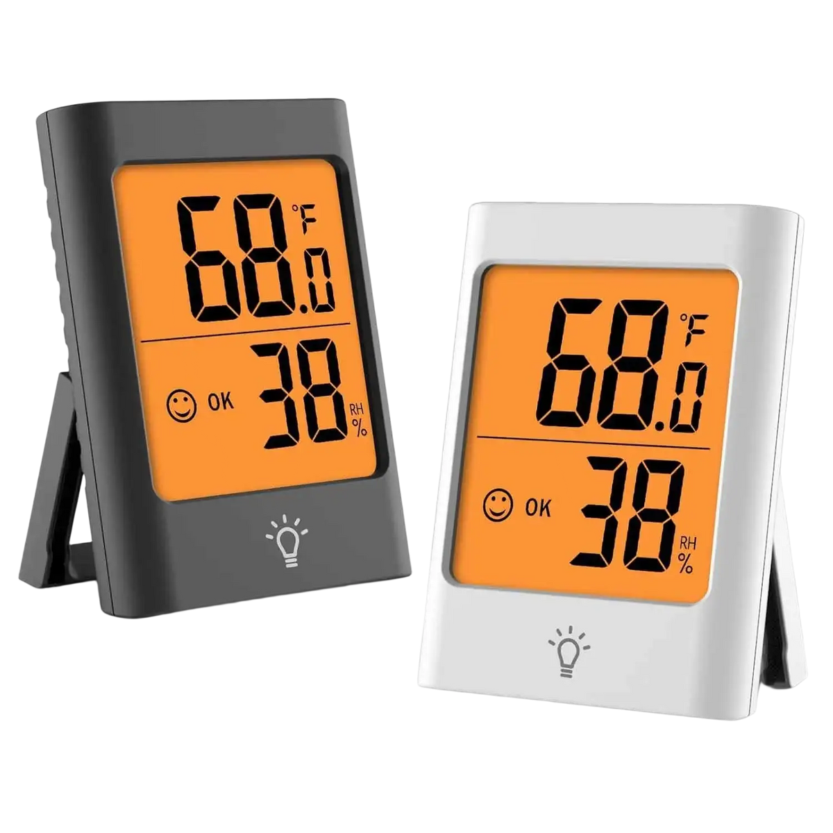 Two digital indoor hygrometer and thermometer monitors in black and white displaying 68.0°f and 38% rh with smiling face icon