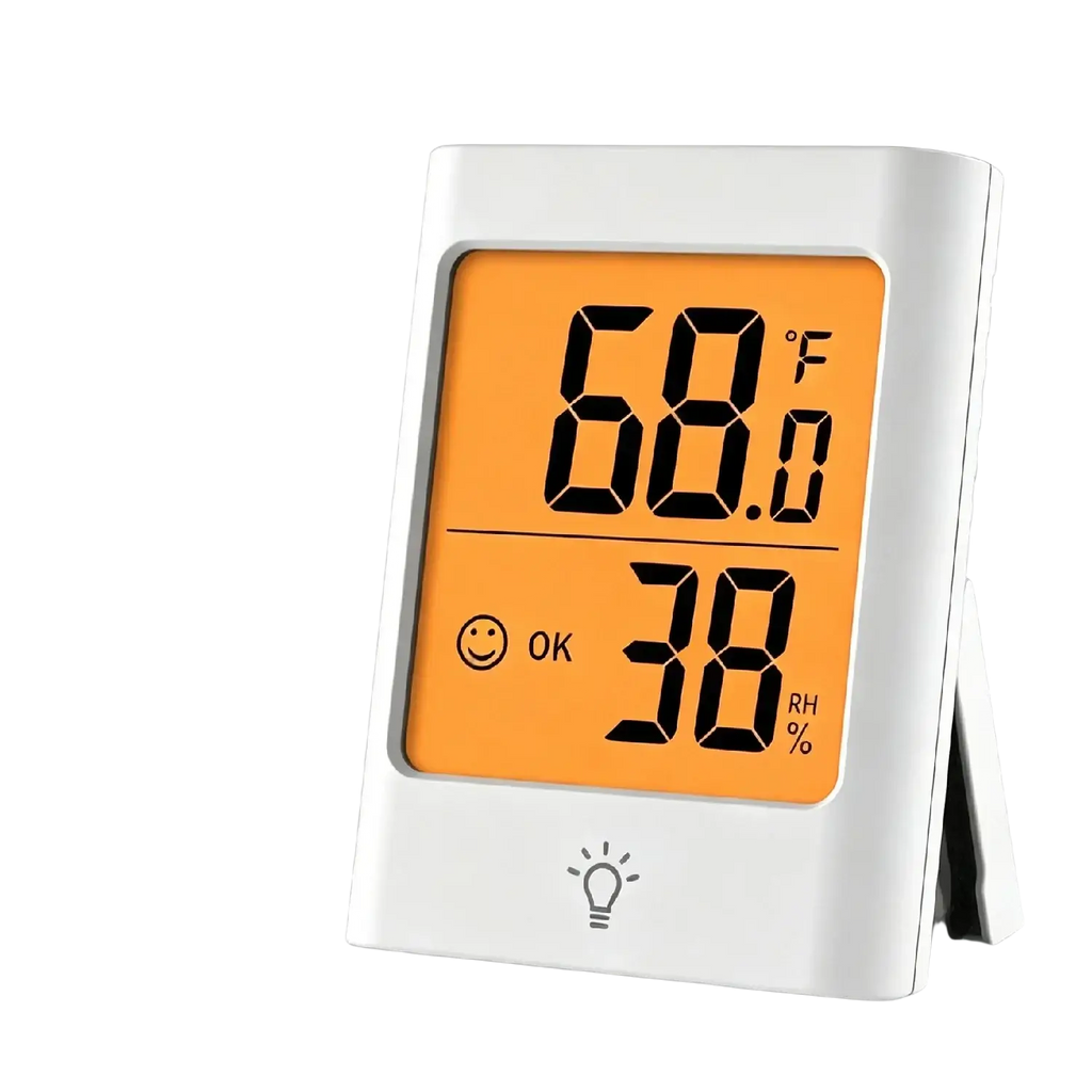 White digital indoor hygrometer and thermometer with orange display showing 68.0°f, 38% rh, smile icon, and light bulb symbol