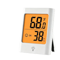 White digital indoor hygrometer and thermometer with orange display showing 68.0°f, 38% rh, smile icon, and light bulb symbol