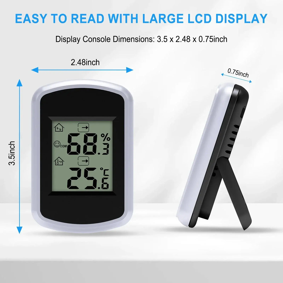 Compact white and black digital indoor temperature and humidity gauge with large lcd display and comfort alert feature