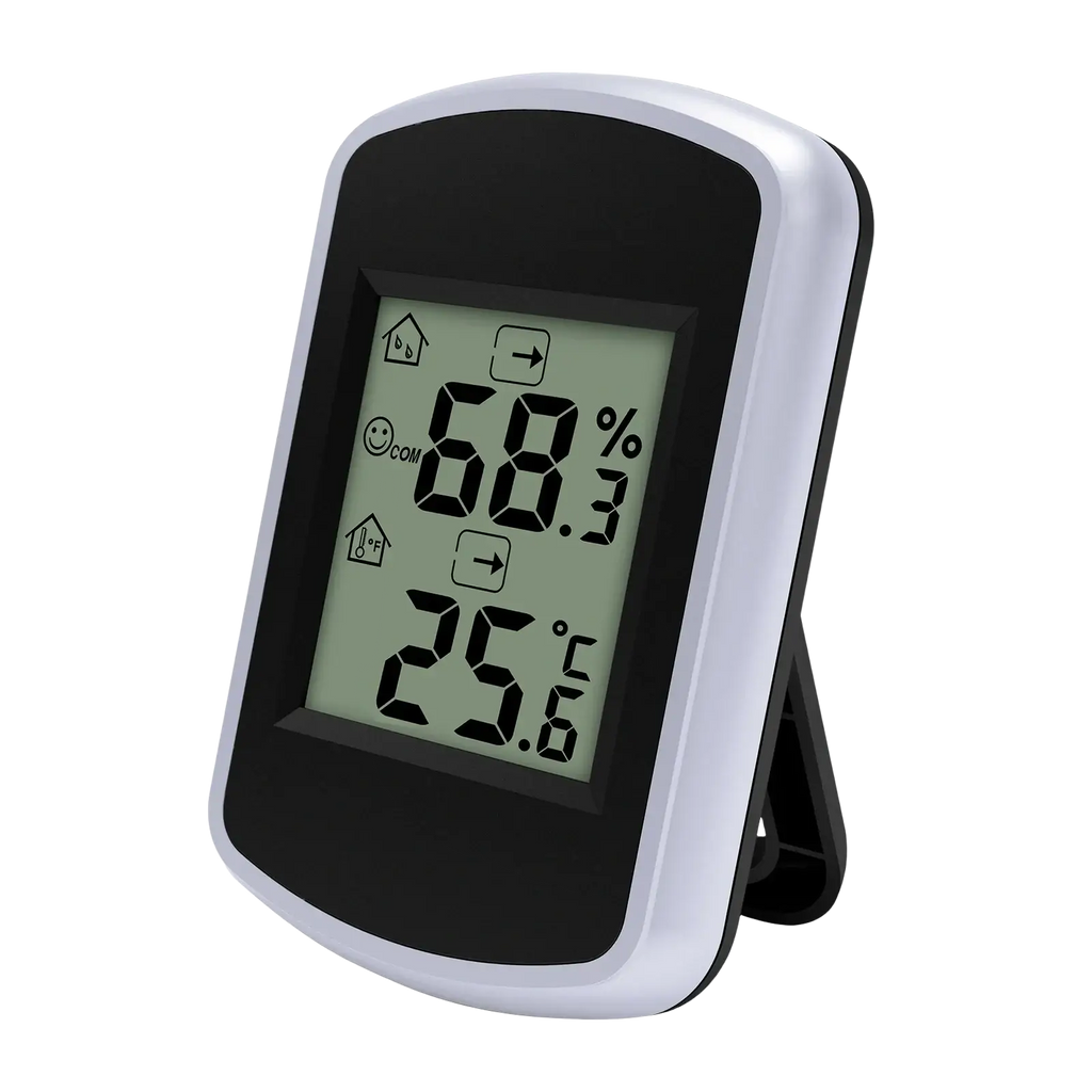 Silver and black digital indoor temperature and humidity gauge with comfort alert showing 25.6 degrees c and 68.3 percent humidity