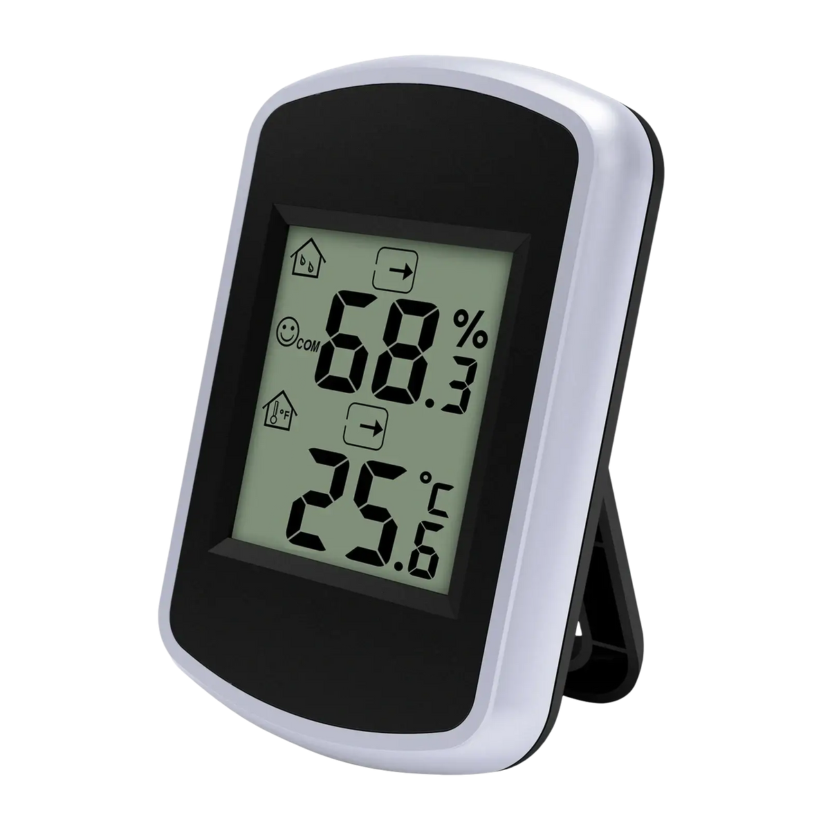 Silver and black digital indoor temperature and humidity gauge with comfort alert showing 25.6 degrees c and 68.3 percent humidity