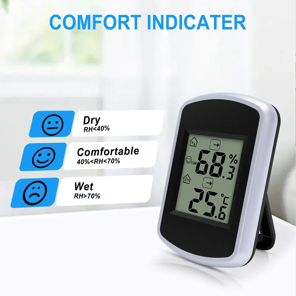 Silver-framed digital indoor temperature and humidity gauge displaying 25.6°C 60.3% humidity with comfort alert