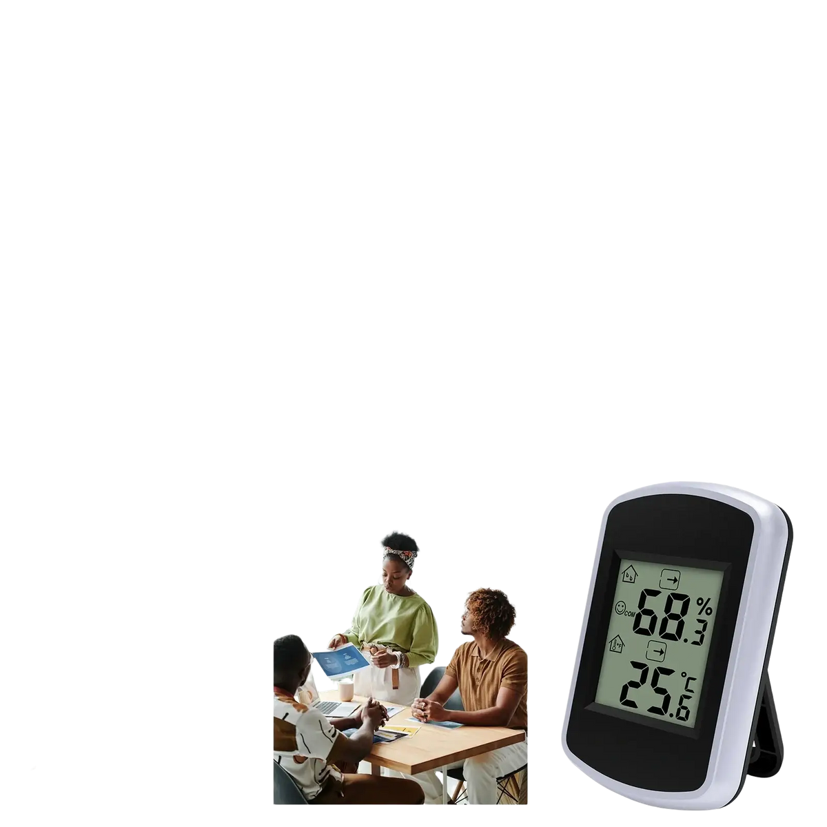 White and black digital indoor temperature and humidity gauge with comfort alert and stand displaying readings