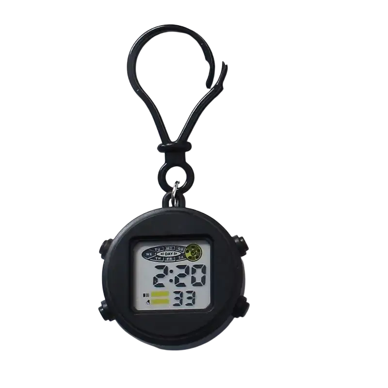 Black digital keychain watch backpack clip with lcd screen displaying time and date for daily time use