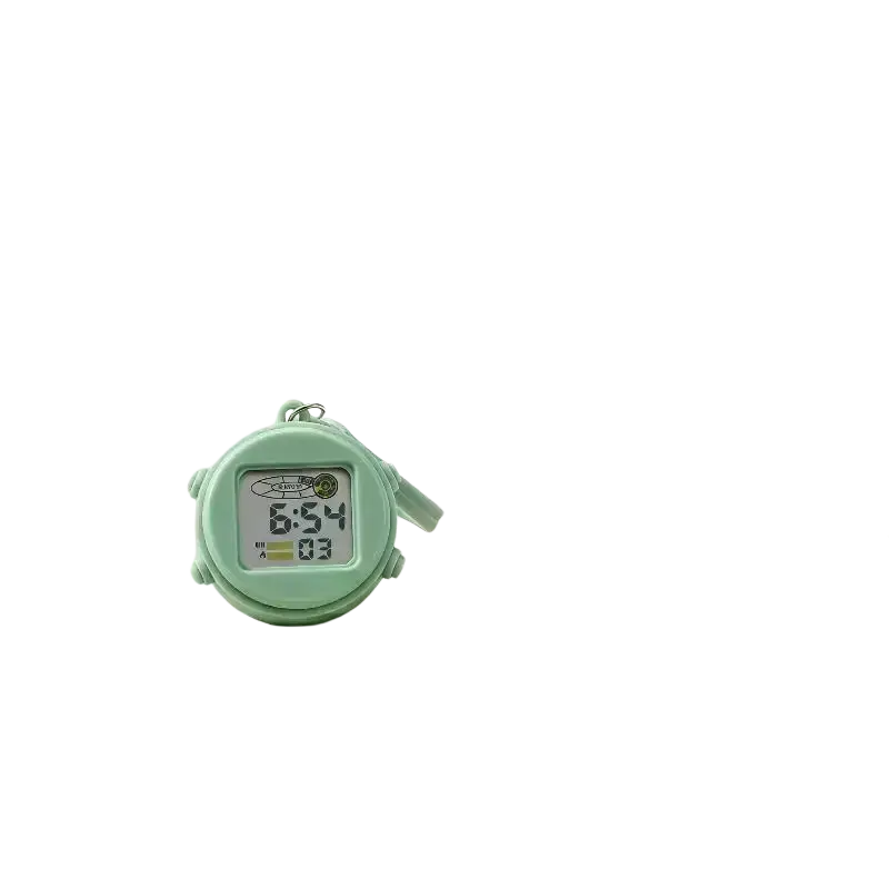 Mint green digital keychain watch with rounded plastic casing displaying time and date for daily time use