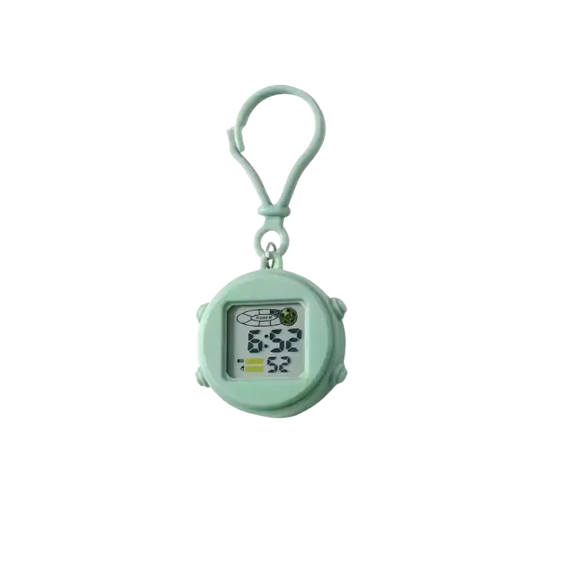 A mint green digital keychain watch backpack clip with lcd screen for daily time and precise time tracking