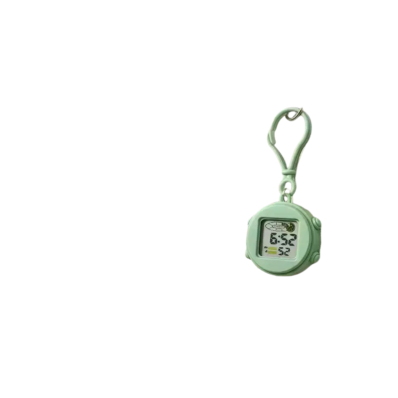 Mint green digital keychain watch with clip-on design hanging from beige backpack for daily time tracking
