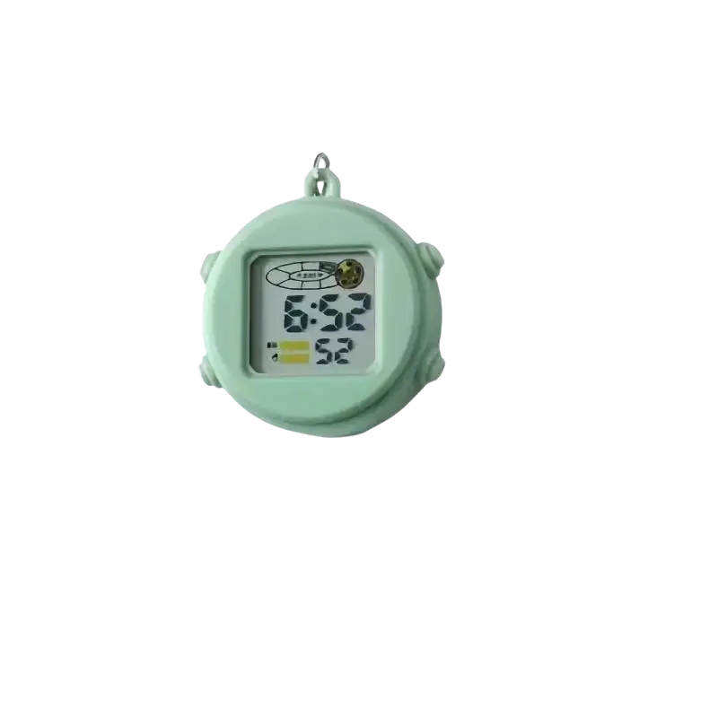A mint green digital keychain watch with a round plastic casing and screen for daily time tracking
