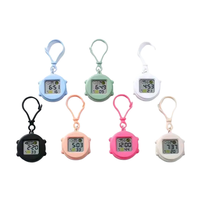 Pastel-colored digital keychain watches with round plastic casings and clips for daily time use on backpacks