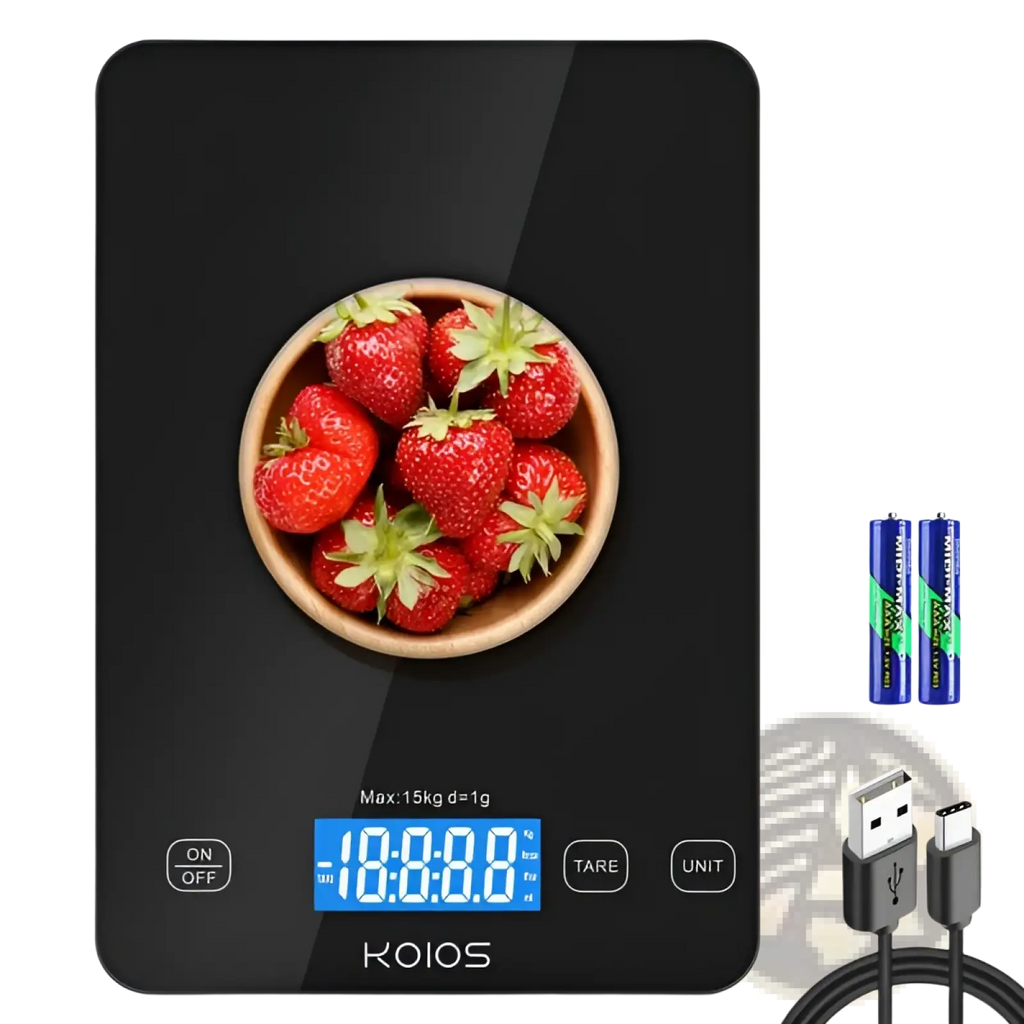 Black glossy koios digital kitchen scale 15kg rechargeable food scale with display, two aa batteries, and usb cable