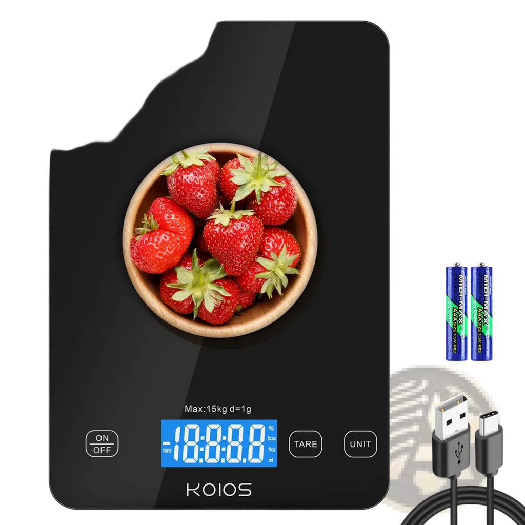 Black glossy digital kitchen scale by koios with 15kg capacity displaying strawberries on screen for food measurement