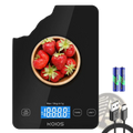 Black glossy digital kitchen scale by koios with 15kg capacity displaying strawberries on screen for food measurement