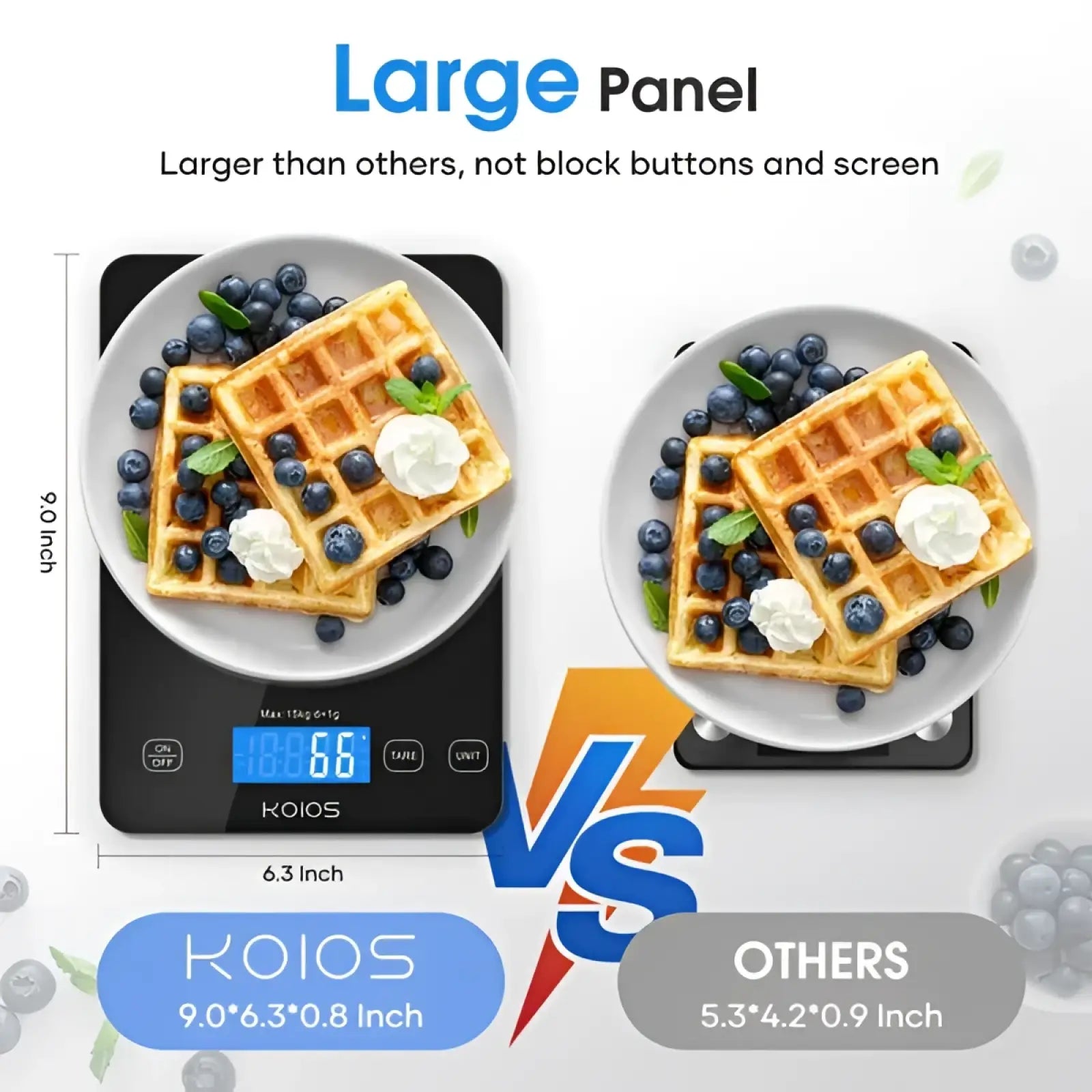 Black digital kitchen scale with large panel and blue led display showing weight measurements up to 15kg rechargeable food scale