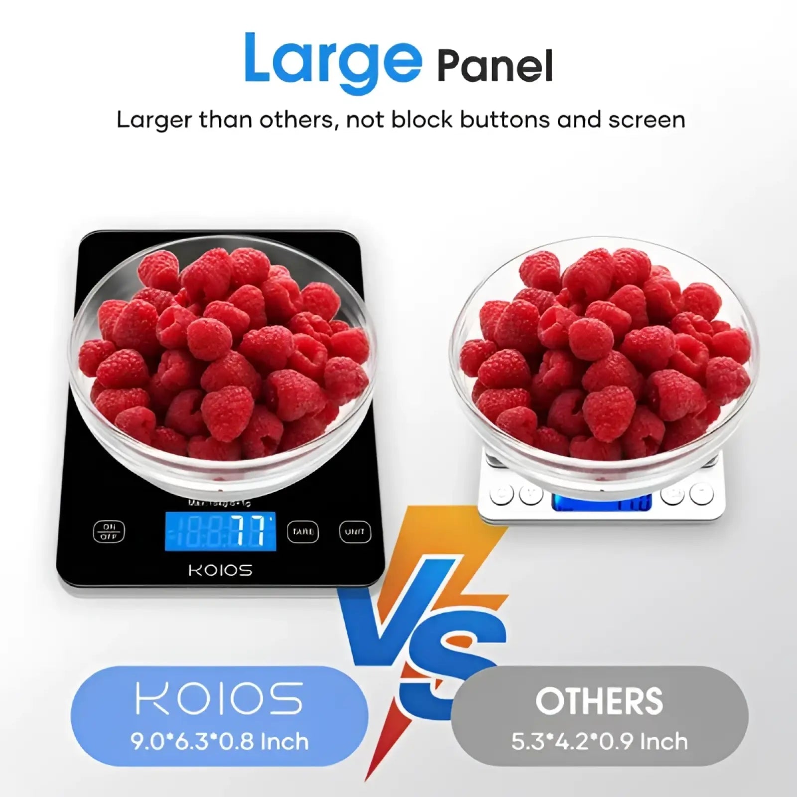 Black koios digital kitchen scale with large display panel showing weight measurements 15kg rechargeable food scale