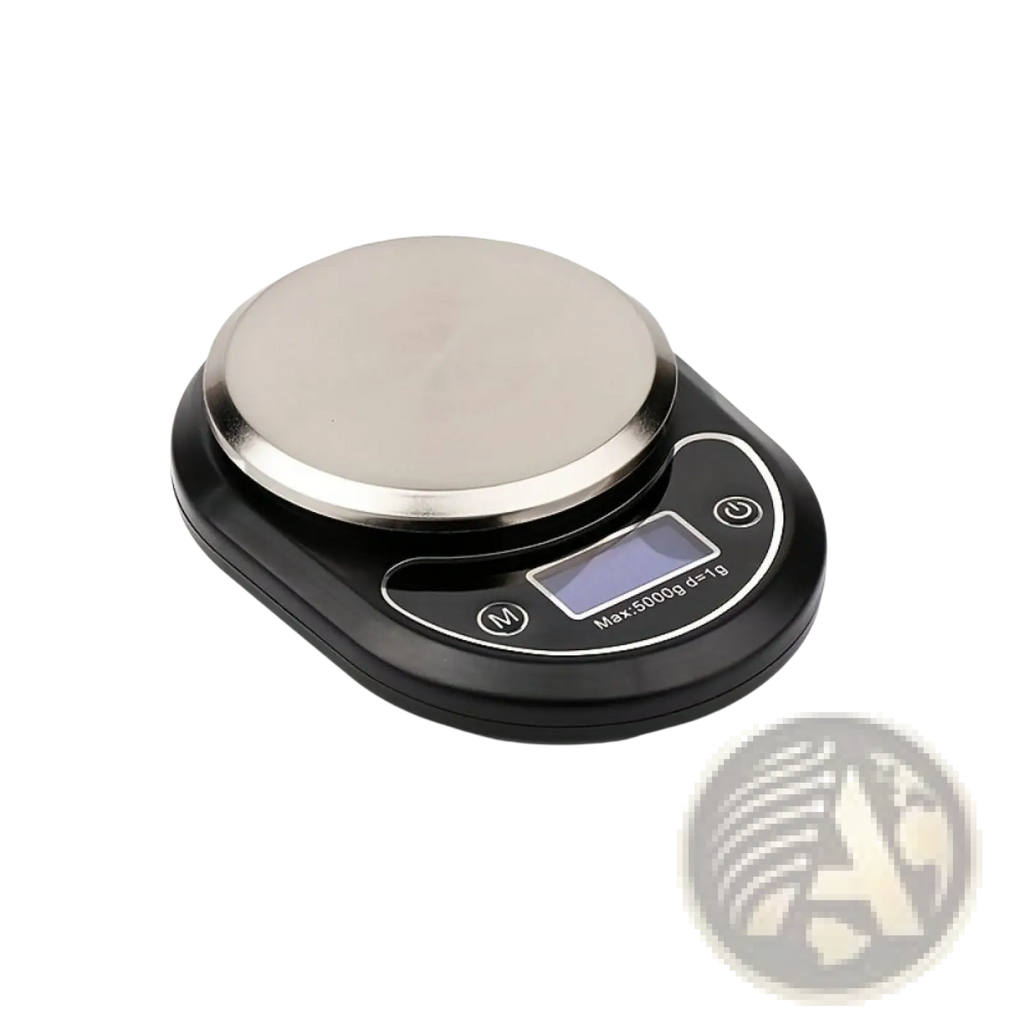 Compact digital kitchen scale with a sleek black base and round stainless steel platform for high precision coffee baking
