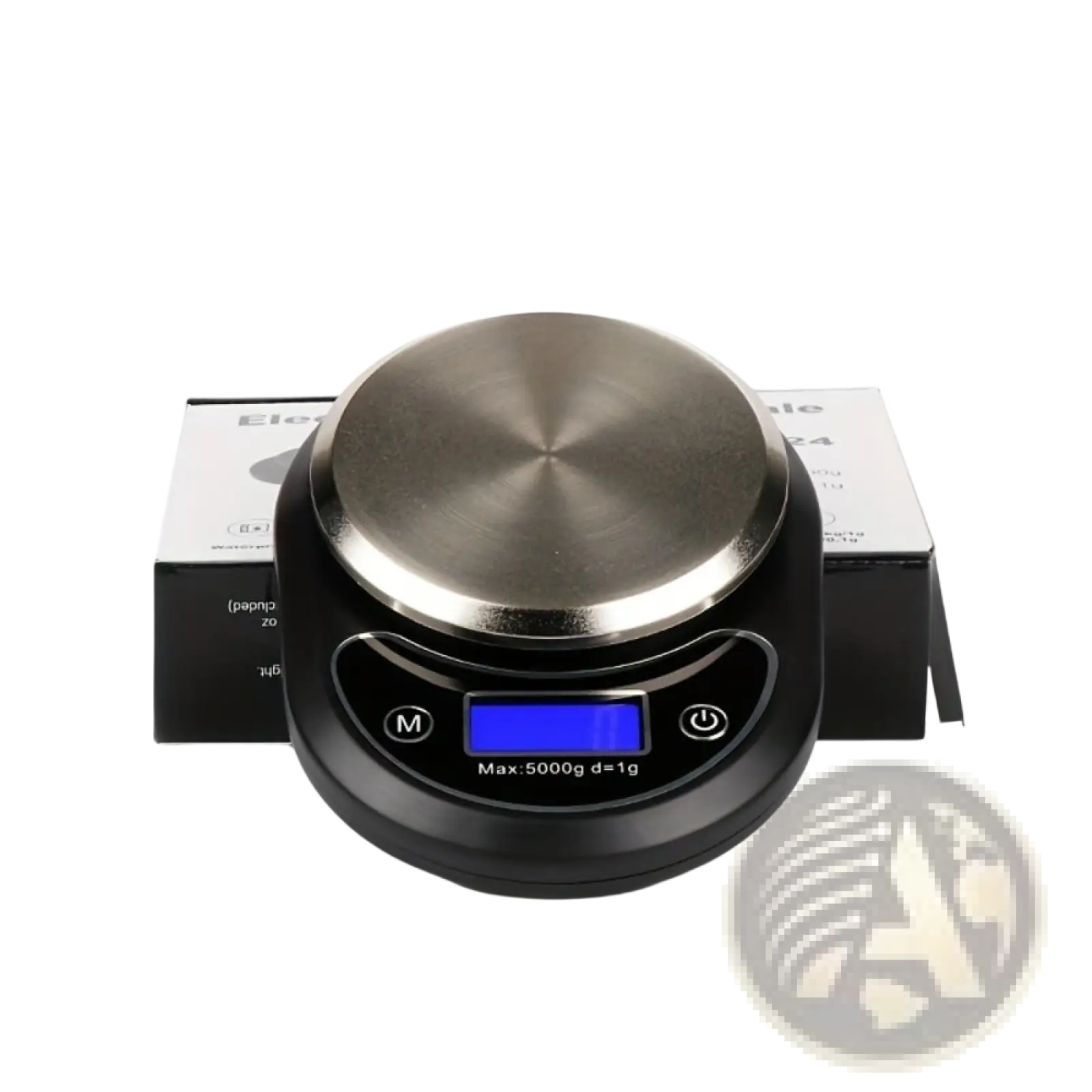 Black digital kitchen scale with brushed stainless steel platform and blue led display for high precision coffee baking