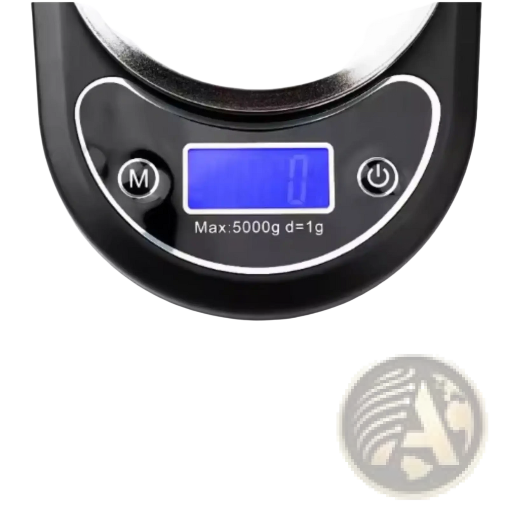 Black digital kitchen scale with blue lcd display showing zero and buttons for mode and power high precision for baking