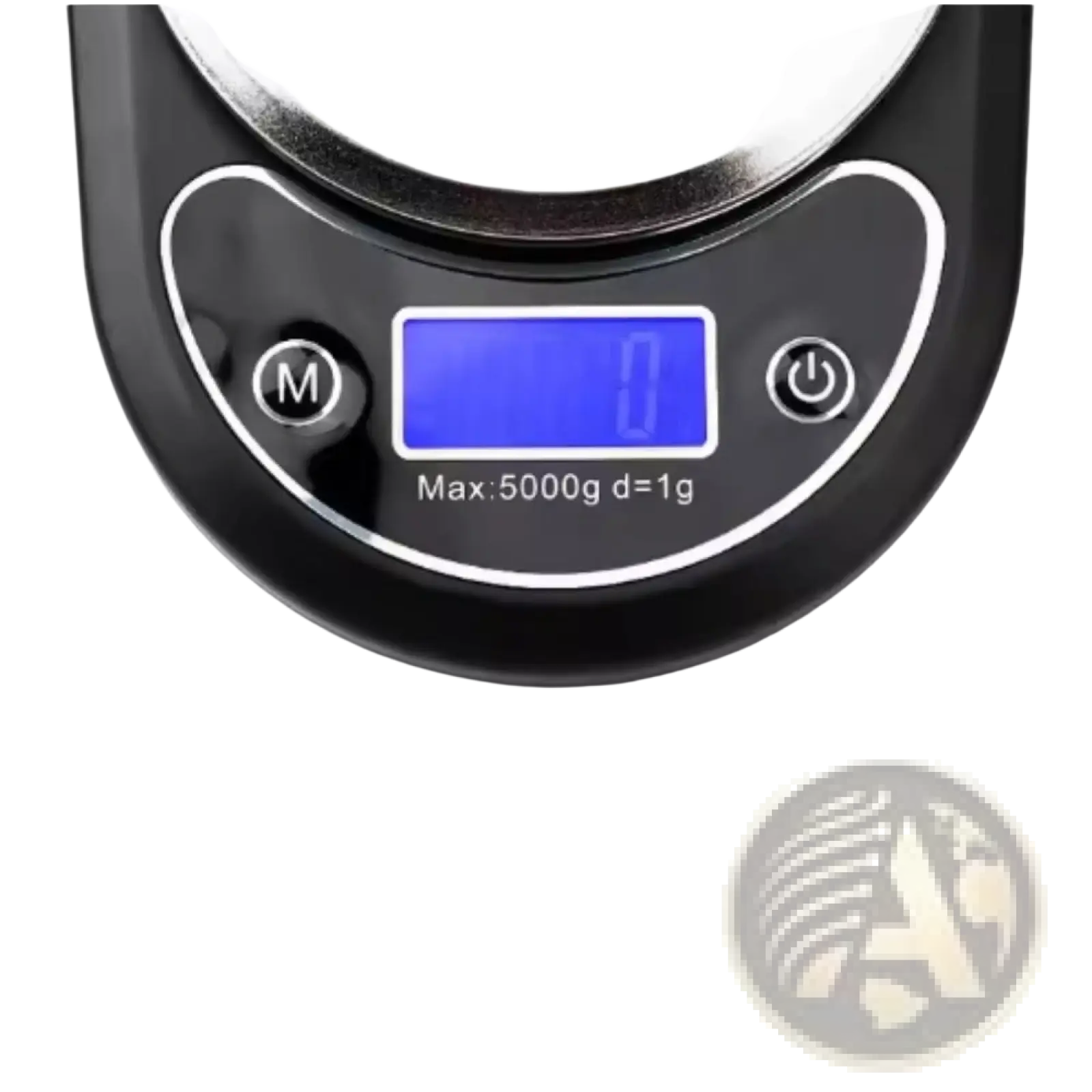 Black digital kitchen scale with blue lcd display showing zero and buttons for mode and power high precision for baking