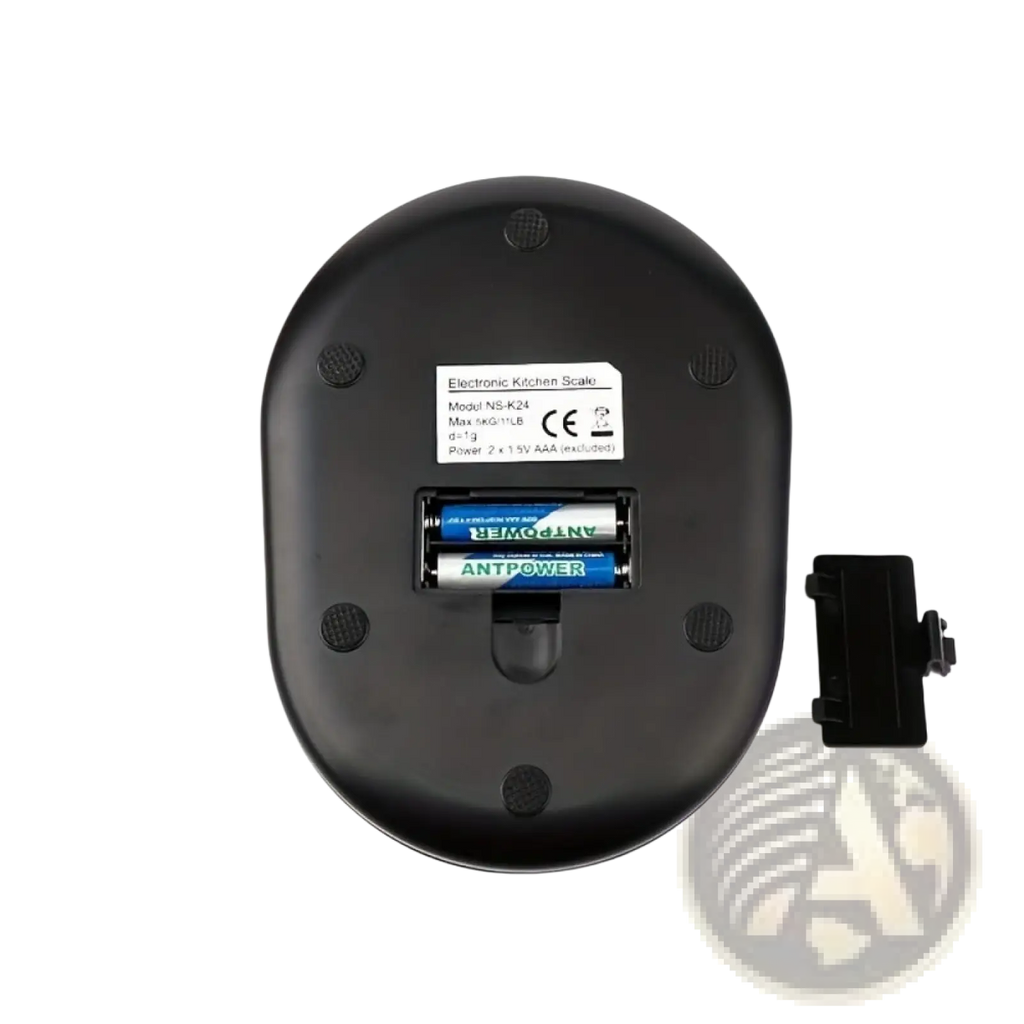 Black oval-shaped digital kitchen scale showing battery compartment with two blue and white antpower aaa batteries installed