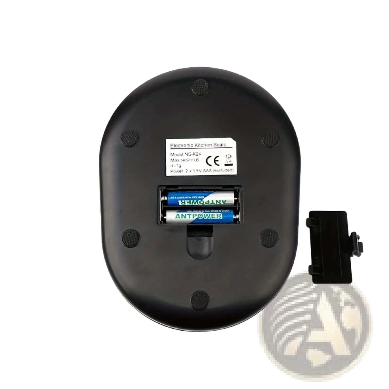 Black oval-shaped digital kitchen scale showing battery compartment with two blue and white antpower aaa batteries installed