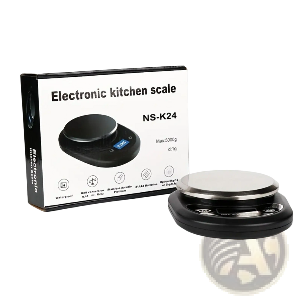 Black and stainless steel digital kitchen scale with high precision for coffee and baking use with digital display