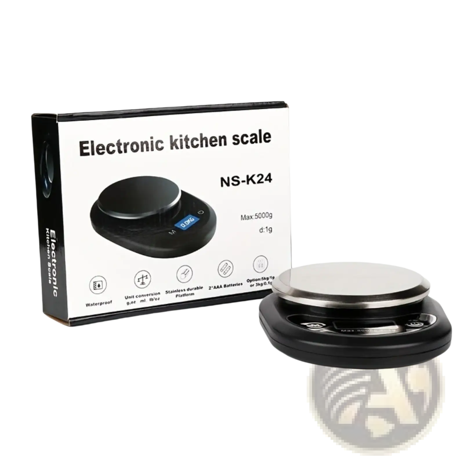 Black and stainless steel digital kitchen scale with high precision for coffee and baking use with digital display