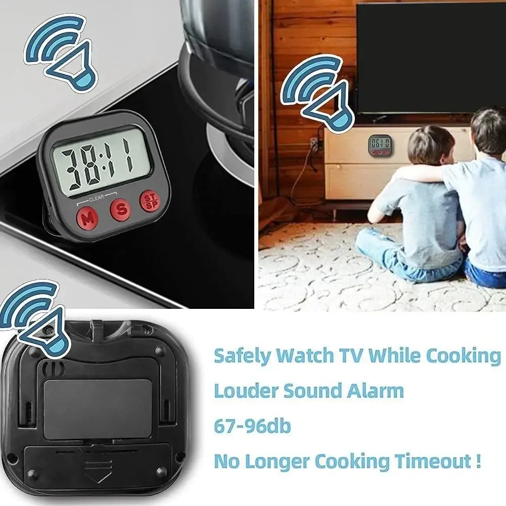 Black digital kitchen timer with red buttons and loud alarm for safely watching tv while cooking magnetic countdown clock