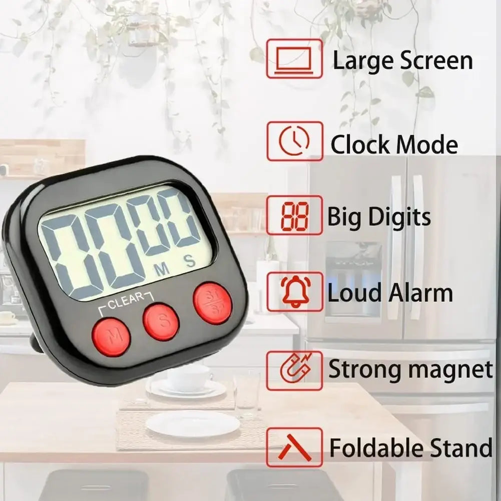 Black digital kitchen timer with magnetic back red buttons and large screen displaying big digits for countdown timing