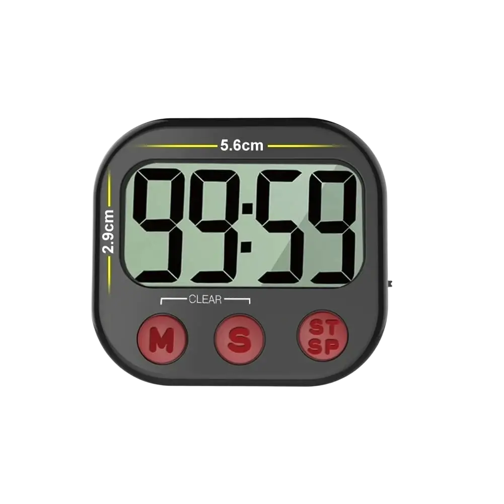 Black digital kitchen timer with red buttons and magnetic back displaying 99 minutes 59 seconds countdown time