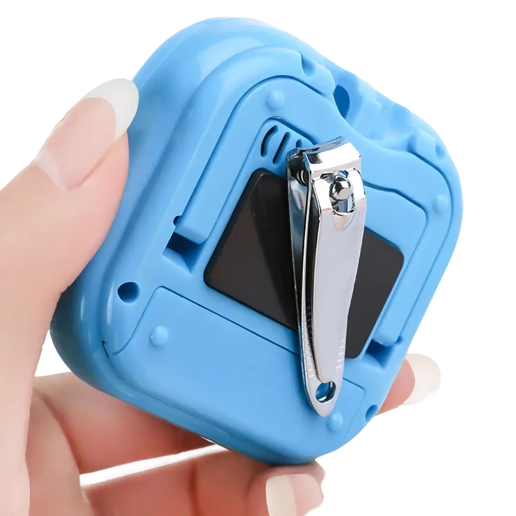 Blue plastic digital kitchen timer with magnetic countdown clock and attached silver metal nail clipper