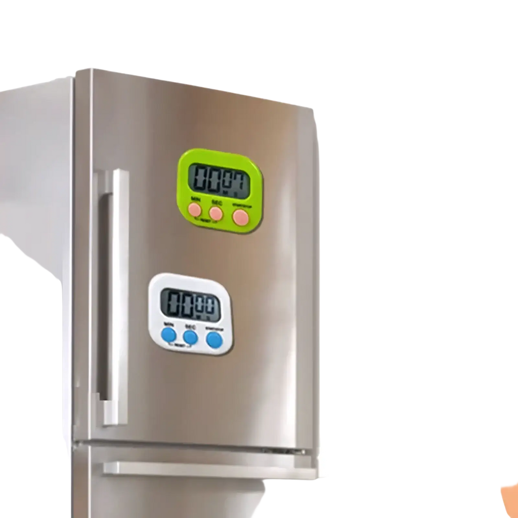 Green and white digital magnetic kitchen timers with colorful buttons for countdown cooking and time management