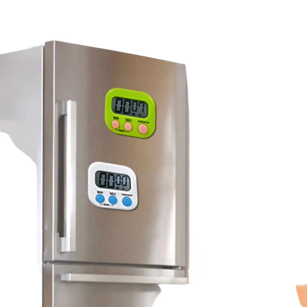Digital kitchen timer magnetic countdown clock in green and white with magnetic back for refrigerator attachment