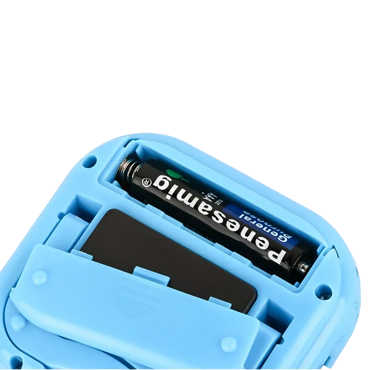 Light blue plastic digital kitchen timer with magnetic countdown clock showing back with panasonic aaa battery inserted