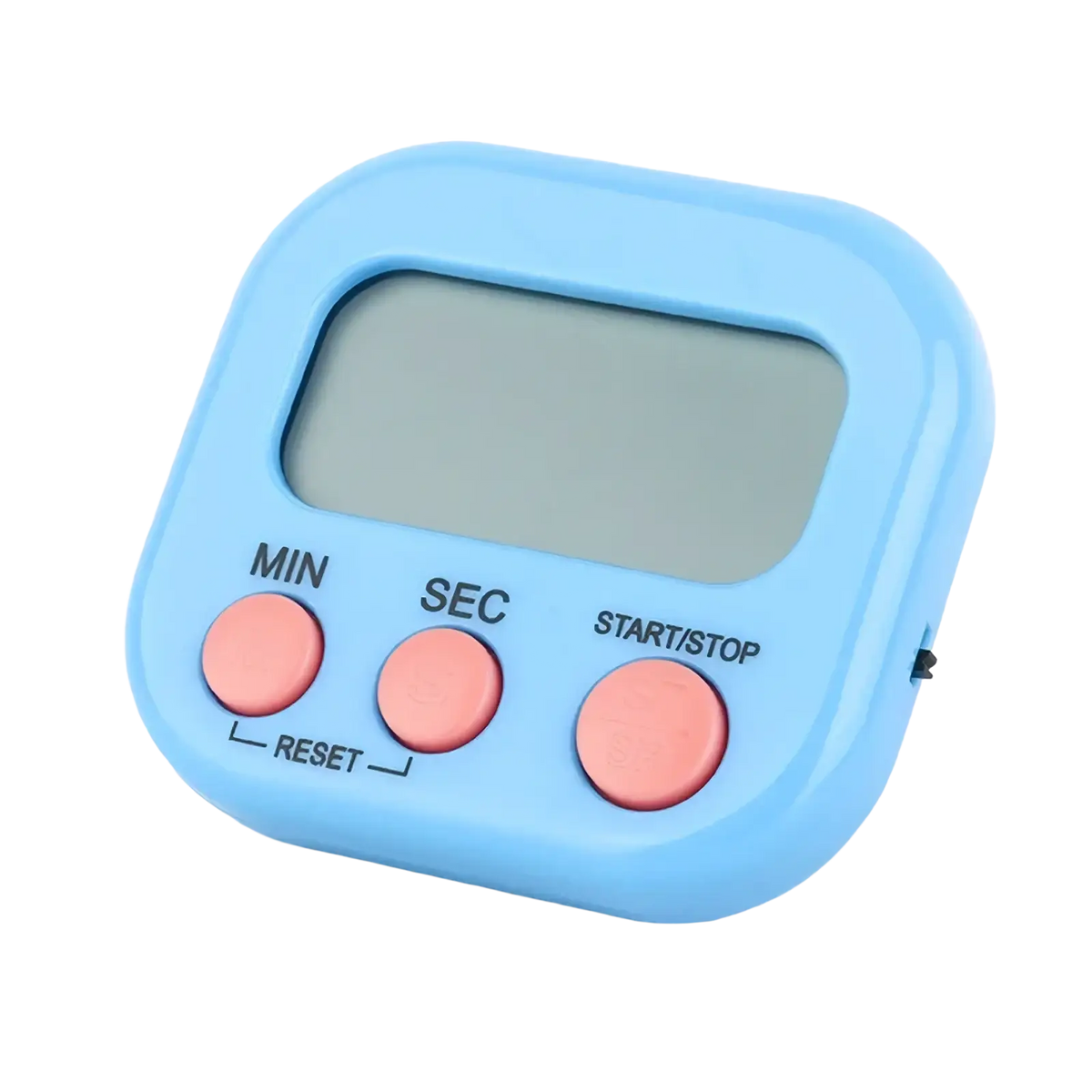 Light blue digital kitchen timer with magnetic countdown clock featuring three peach-colored buttons for min sec start stop