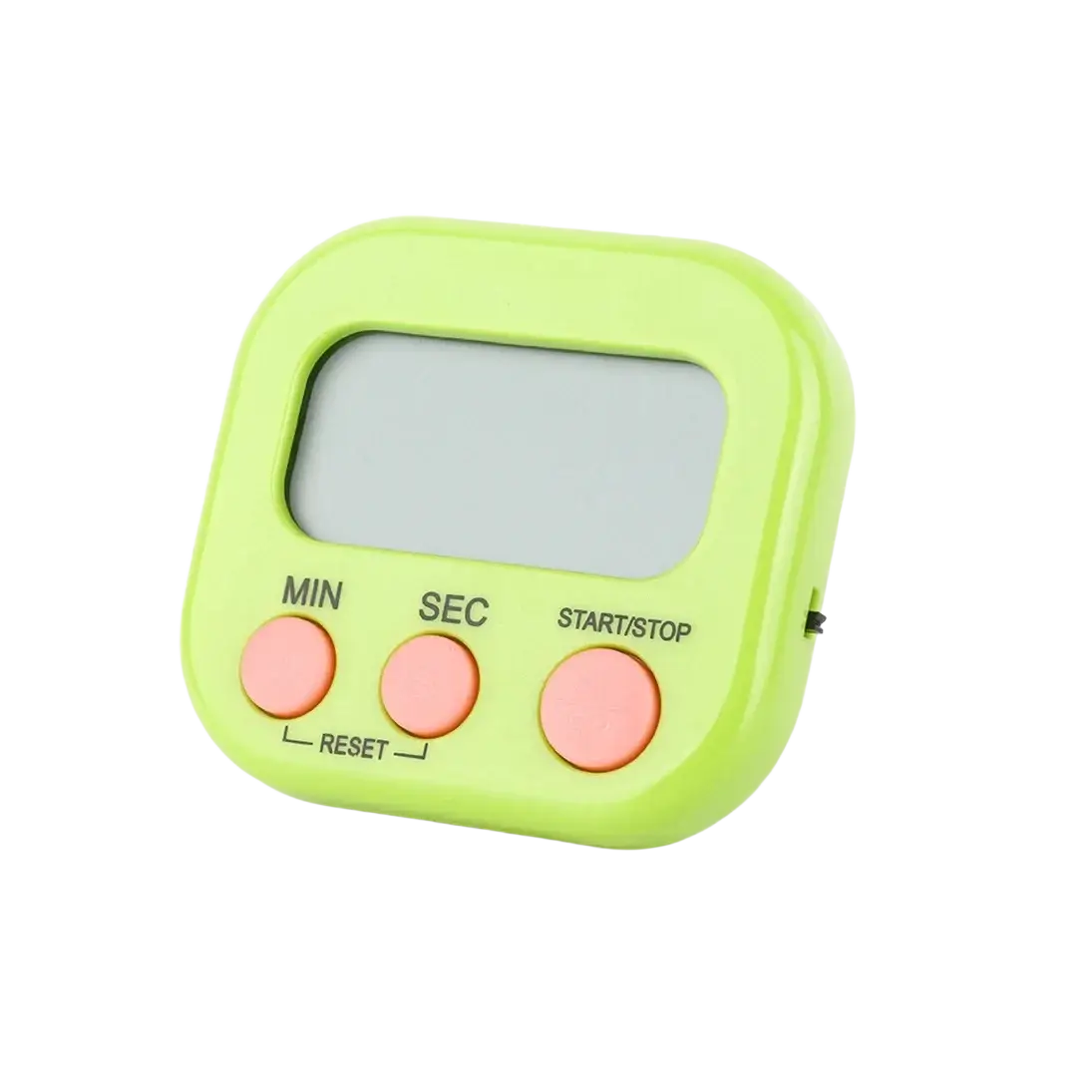 Digital kitchen timer magnetic countdown clock in lime green with three pink buttons for min sec and start stop functions