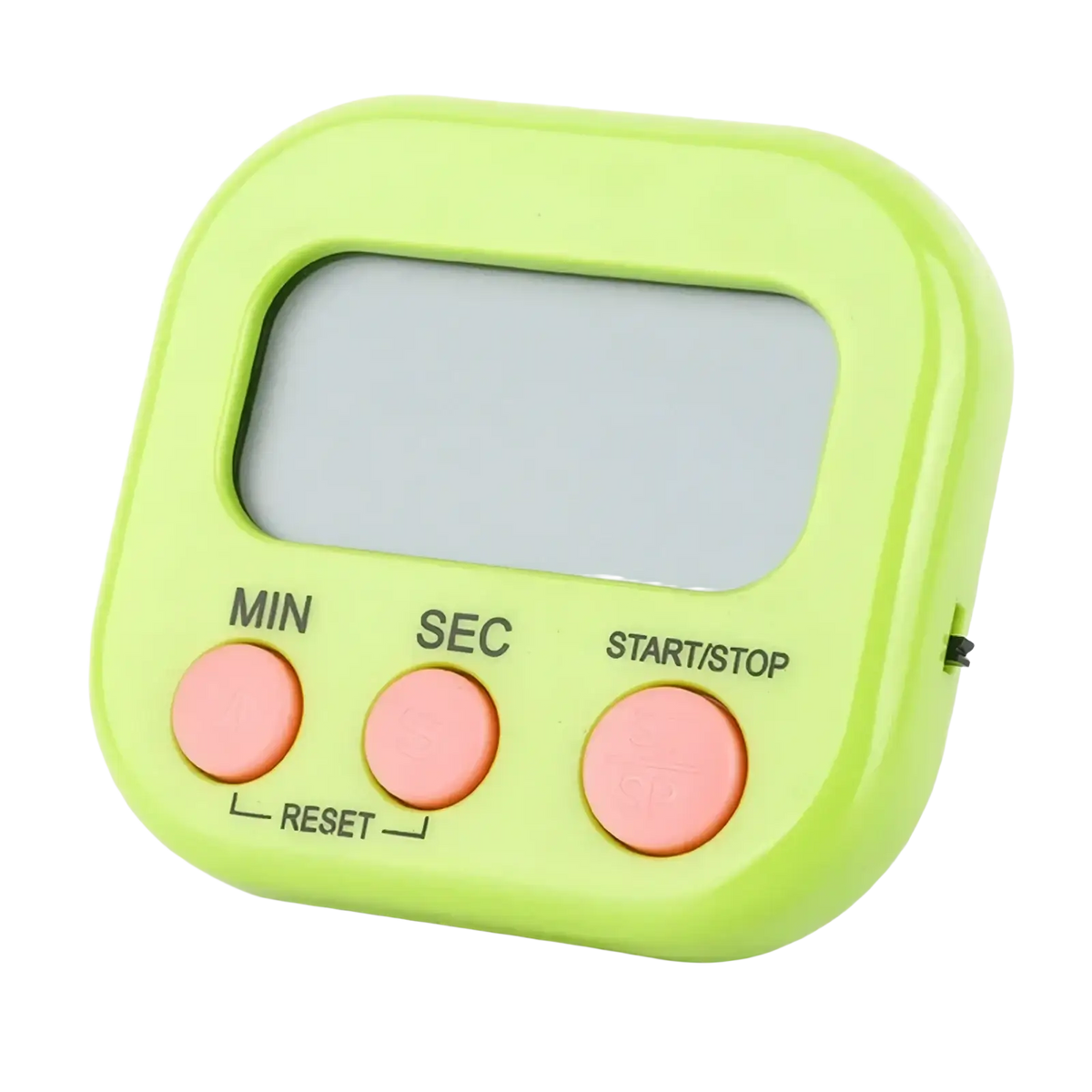 Lime green digital kitchen timer with magnetic back and three pink buttons for min sec and start stop countdown clock