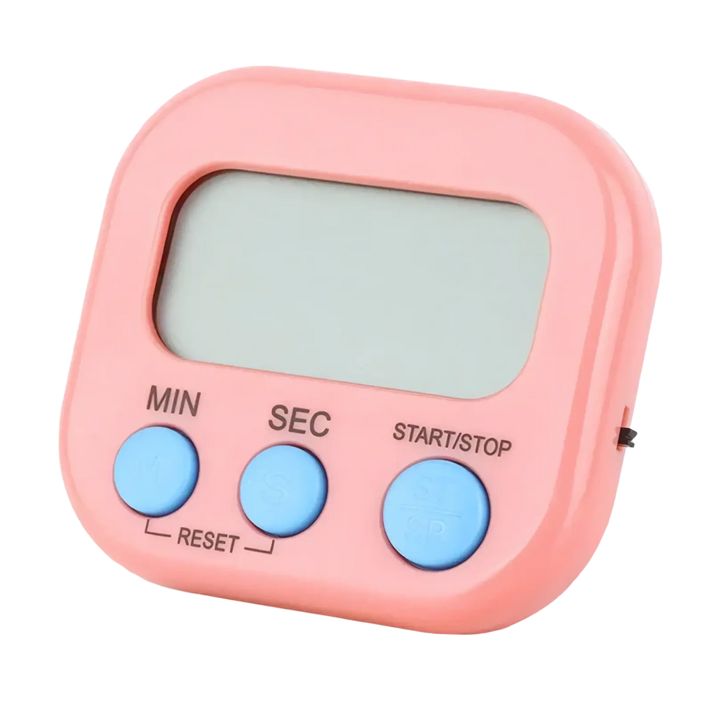 Digital kitchen timer magnetic countdown clock in pink with three light blue min sec and start stop buttons