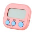 Digital kitchen timer magnetic countdown clock in pink with three light blue min sec and start stop buttons