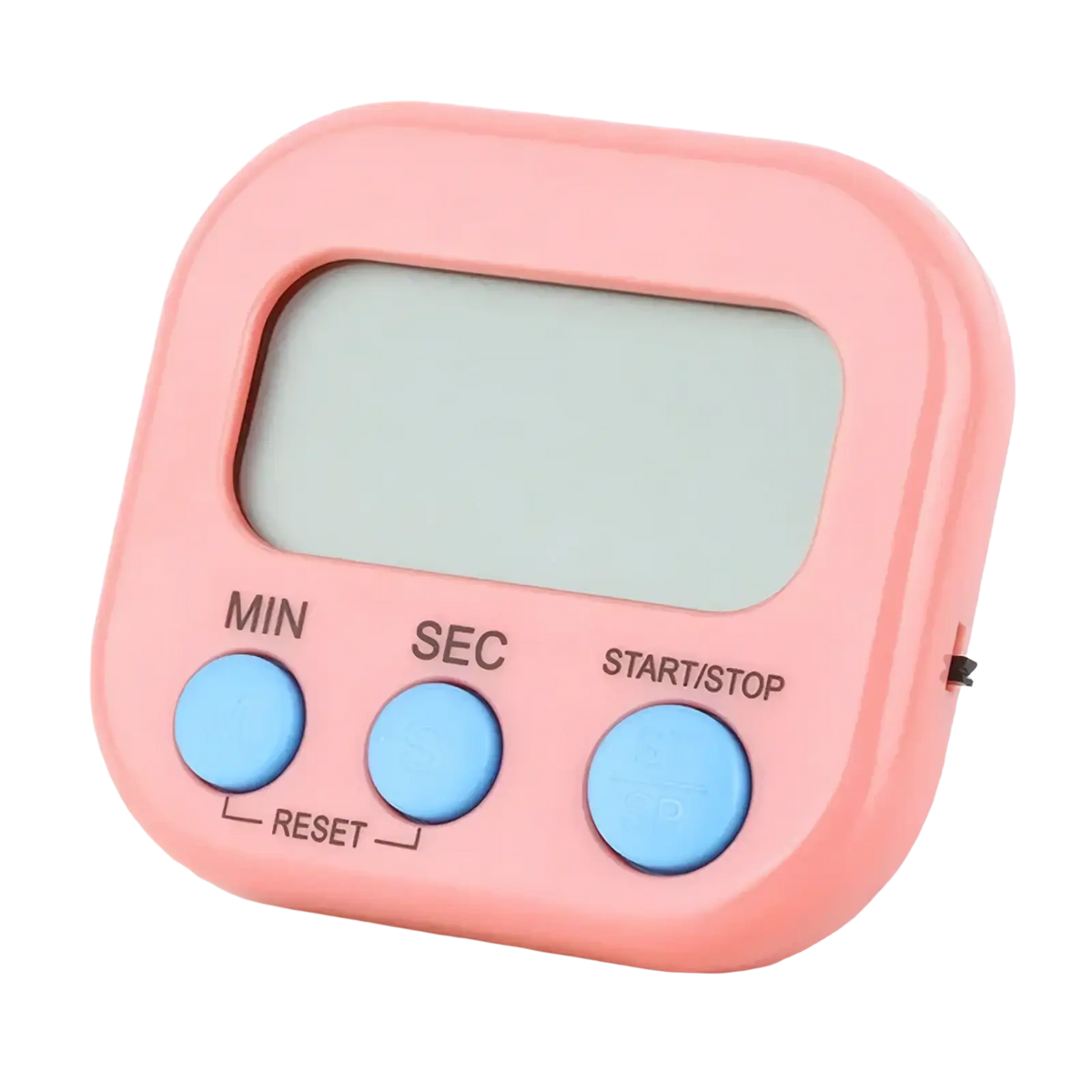 Digital kitchen timer magnetic countdown clock in pink with three light blue buttons labeled min sec and start stop